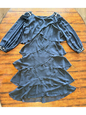 Draper's & Damon's Black Tiered Chiffon Beaded Midi Dress - Women's Size 16